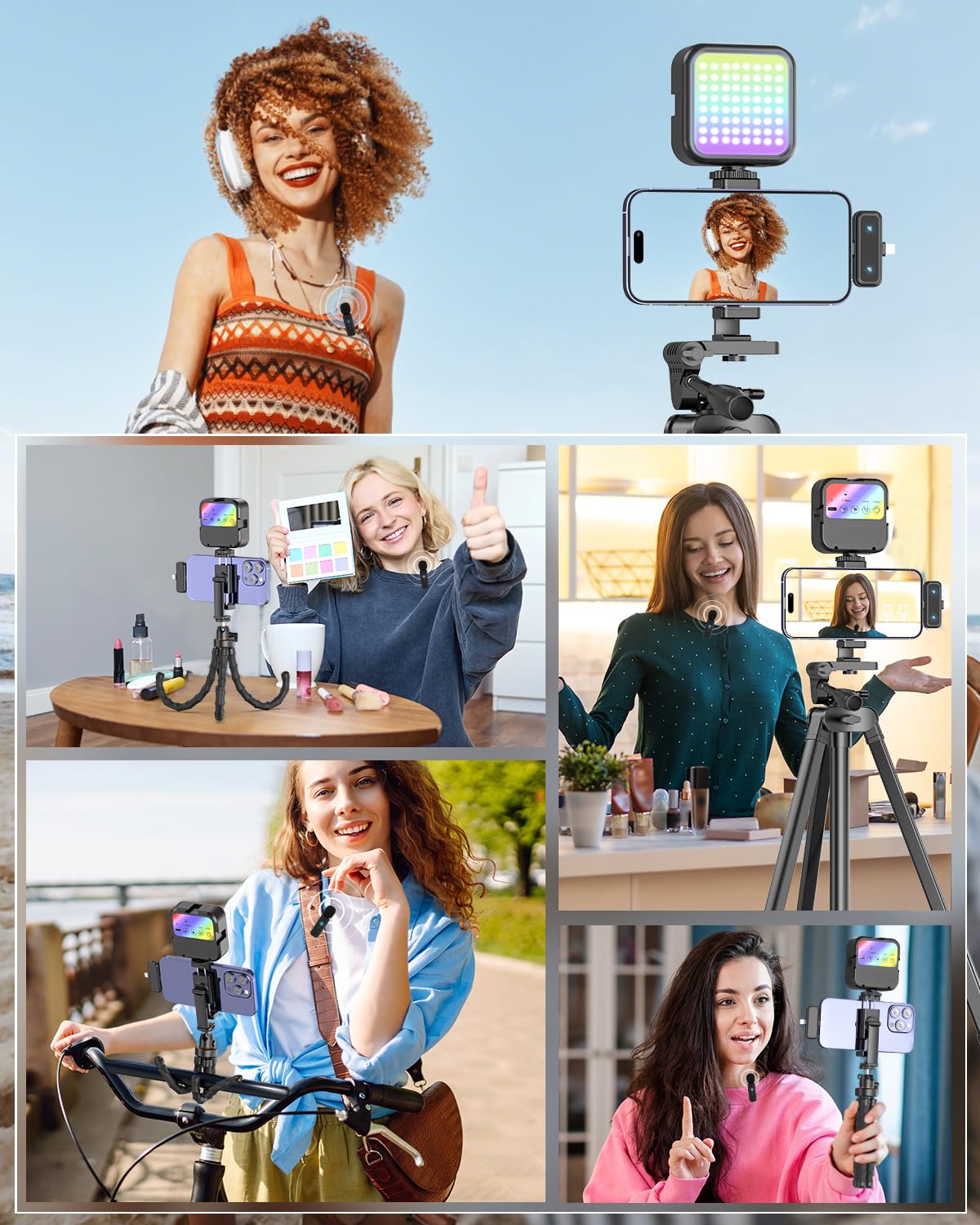 Kit per vlogging per iPhone/Android, YouTube Starter Kit con microfono wireless/treppiede per fotocamera/treppiede flessibile/luce di riempimento RGB, kit essenziali per la creazione di contenuti per