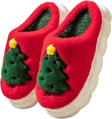 Christmas Slippers, Xmas Tree House Slippers for Women and Man, Fluffy Winter Cartoon Home Slippers with Memory Foam, Kawaii Fuzzy Cute Bedroom Slippers Indoor Outdoor, Cozy and Warm
