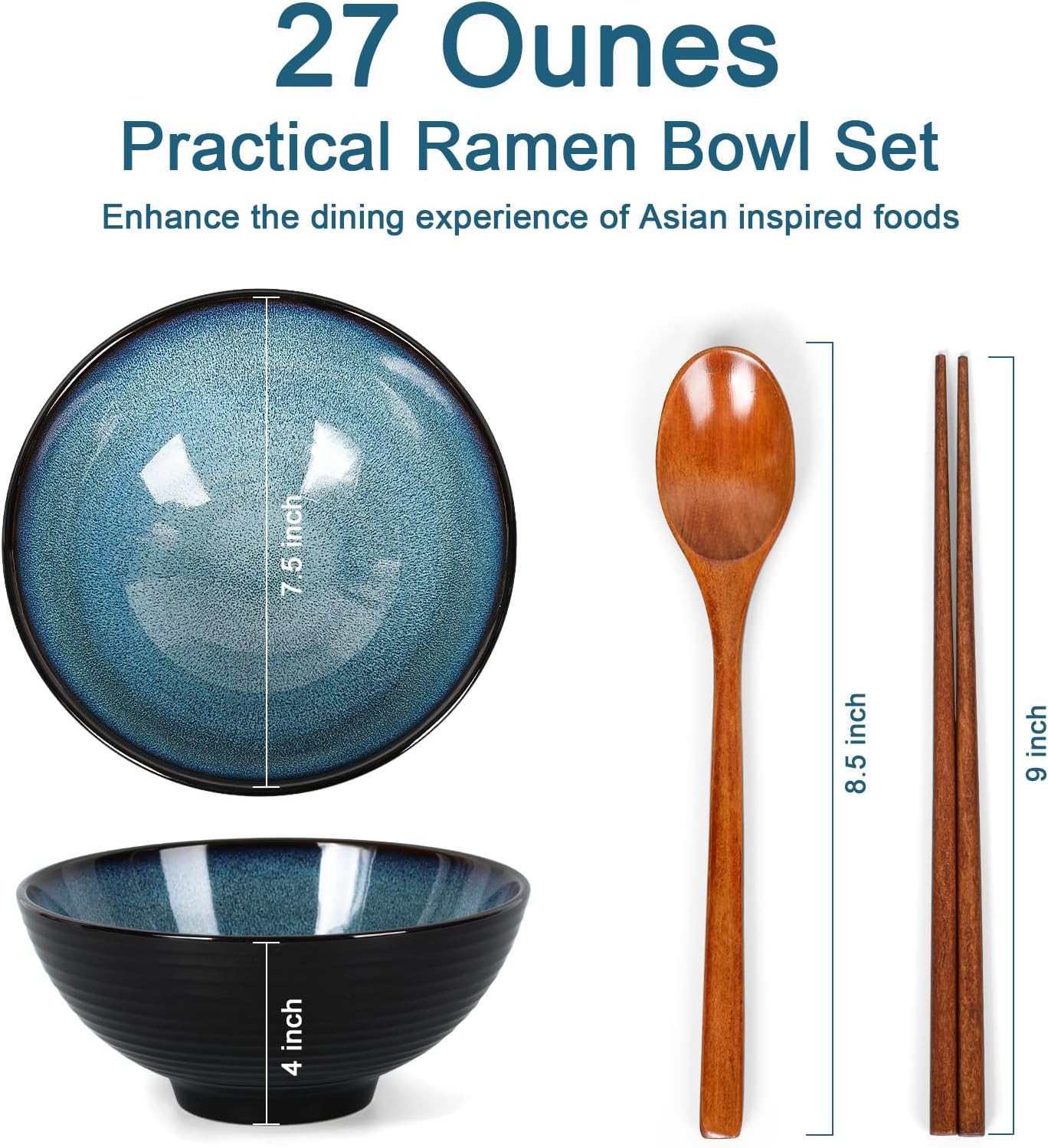 Asian soup bowl Set of 2,Ceramic Japanese Ramen Bowl Blue Porcelain Pho Udon Soup Noodle Bowls with Chopsticks and Spoons