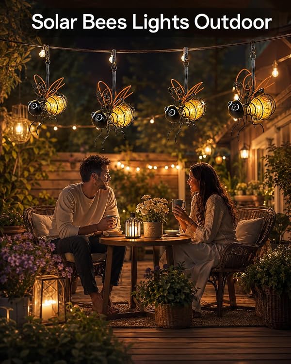 HAPPYER 4 Pack Solar Bee Lights Outdoor Hanging Decor, Metal LED Bee Garden Decorations with Bouncy Springs, Waterproof Solar Powered Fairy Lights for Patio Porch Yard Balcony Tree Spring Summer Decor by HAPPYER - Used condition - Image 7
