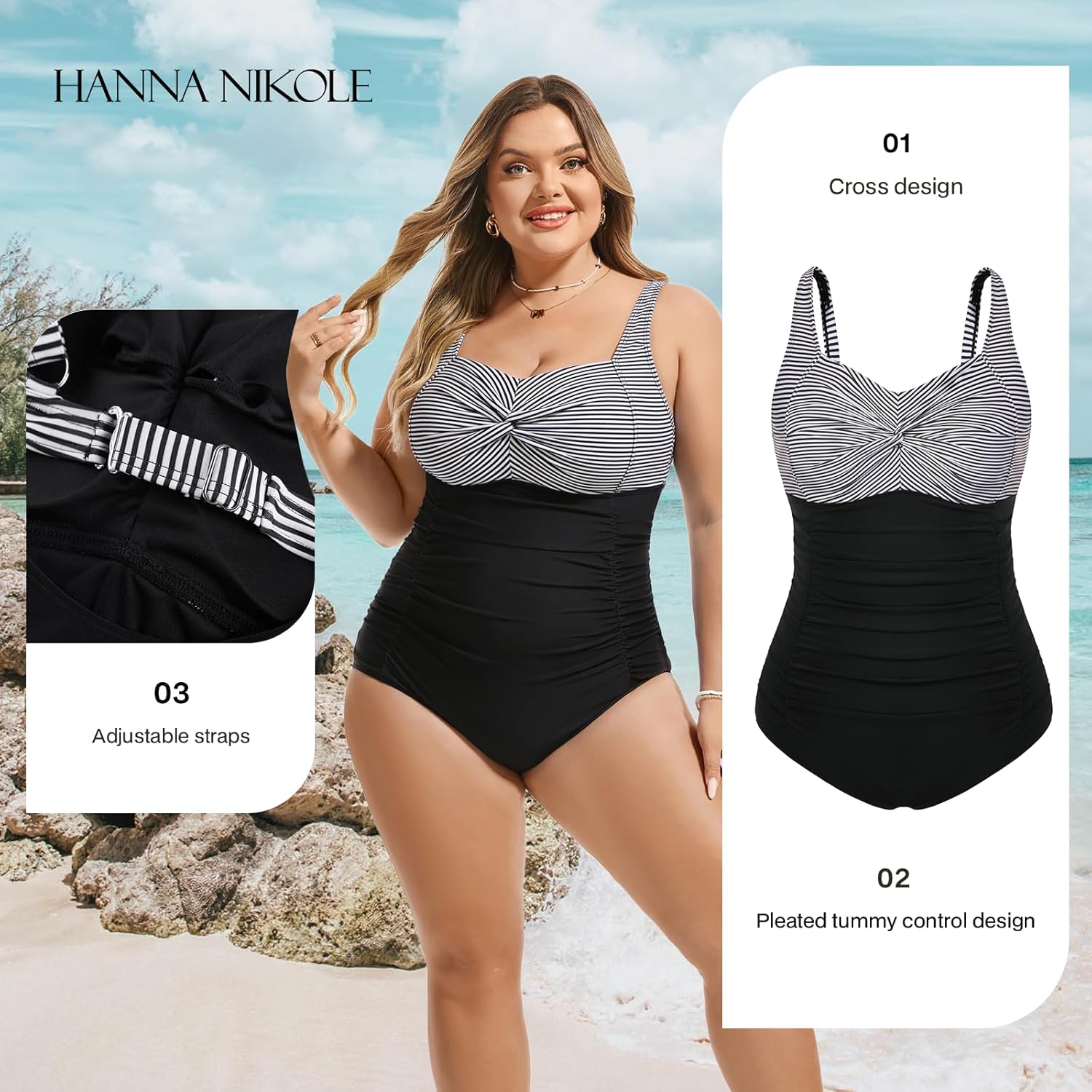Hanna Nikole Women Plus Size One Piece Swimsuits Tummy Control Bathing Suit Twist Front Ruched Push Up Swimwear
