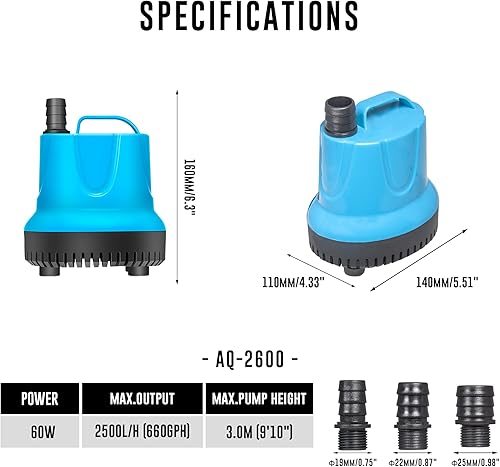 Miniatura 2 de Bomba de alimentación inferior anfibia de bajo consumo 60 W 660 GPH sumergible de baja succión para acuario, pecera, fuente de jardín, manualidades