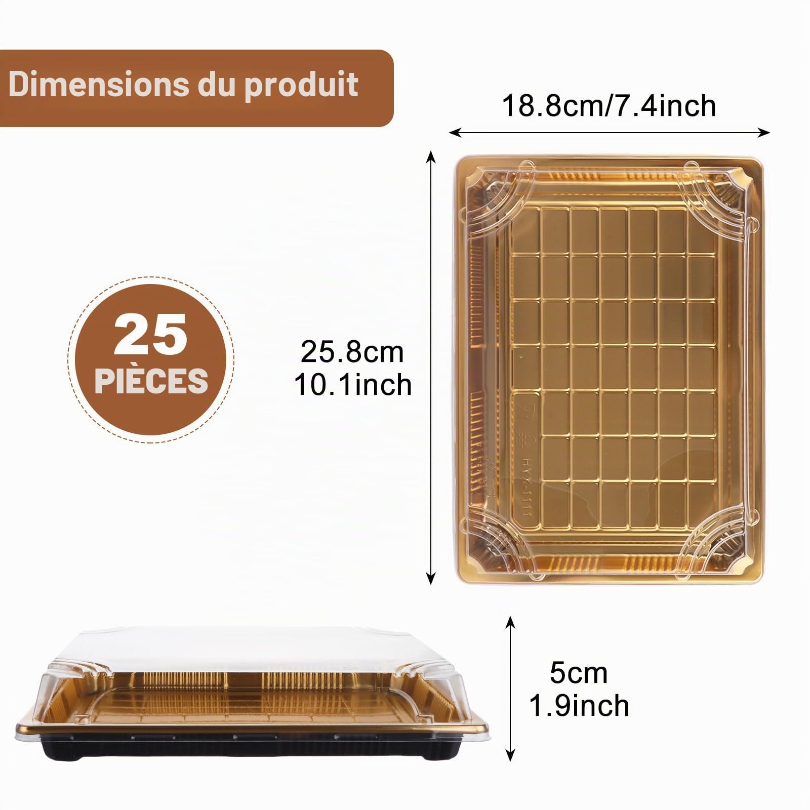 DAJAVE Lot de 25 plateaux à sandwich réutilisables avec couvercles - Petits plateaux dorés pour friandises sucrées, aliments de fête (25,5 x 18,5 x
