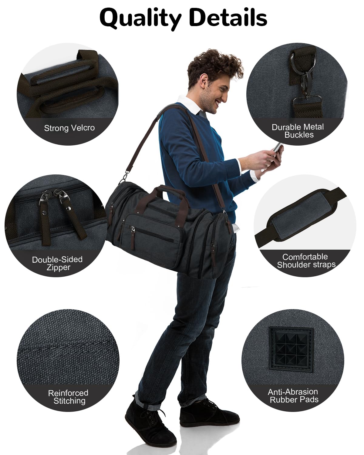 Bolsa de Viaje Expandible, 35-40L Bolsa de Viaje la Lona con Bolsillo múltiple, Grande Retro Weekender Bolsa de Deporte para Hombre, Negro