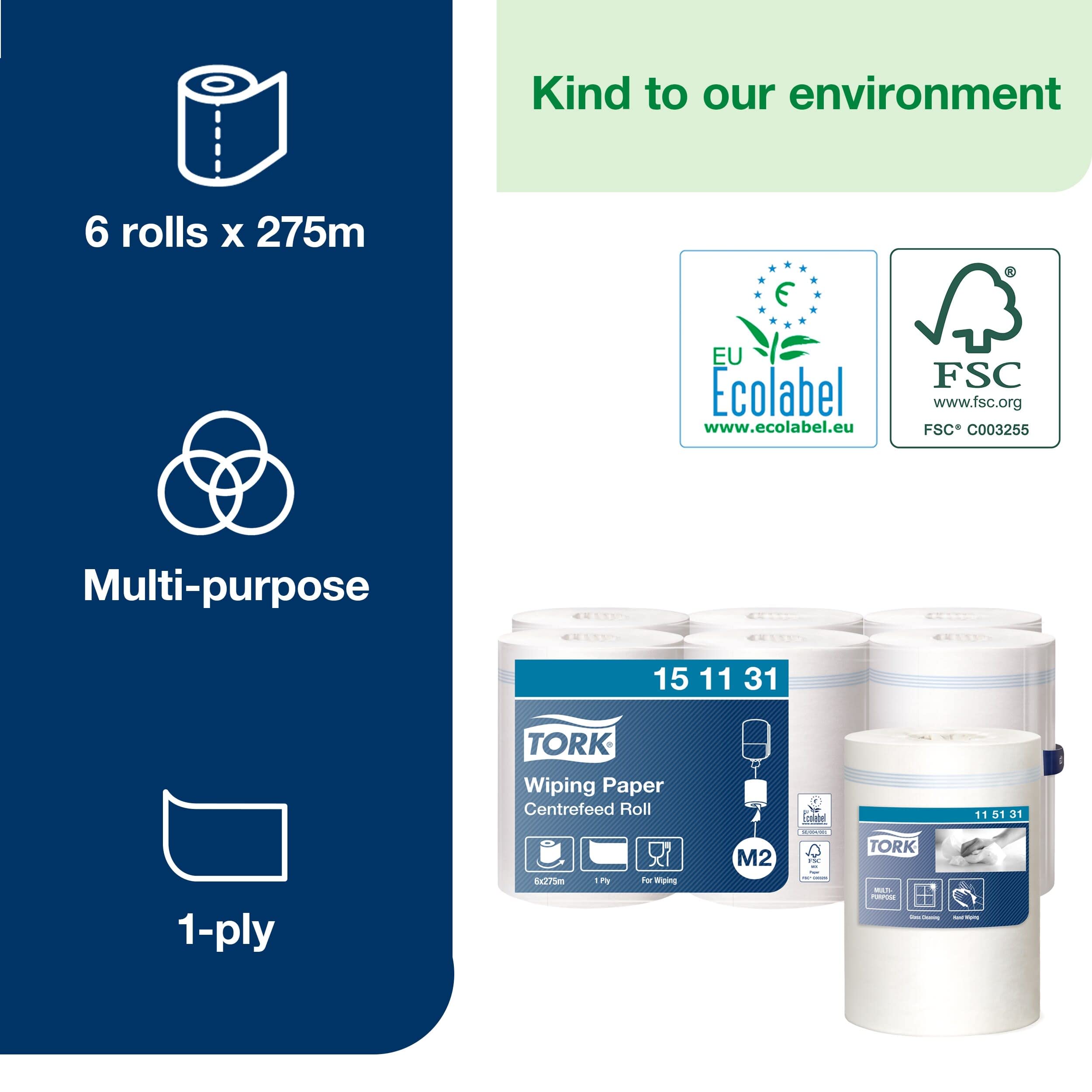Tork 151131 Papel de secado multiuso Advanced de 1 capa compatible con el sistema de alimentación central grande M2, blanco, 6 rollos x 275m