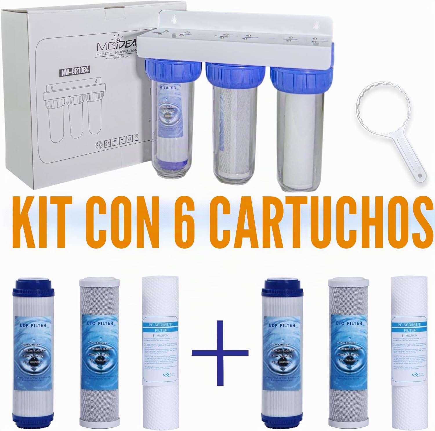 filtro de agua sistema tres etapas seis cartuchos NW-BR10B4 filtración de sedimentos y carbones activos 1" 1/2" 3/4" (1/2" (20,67 mm)