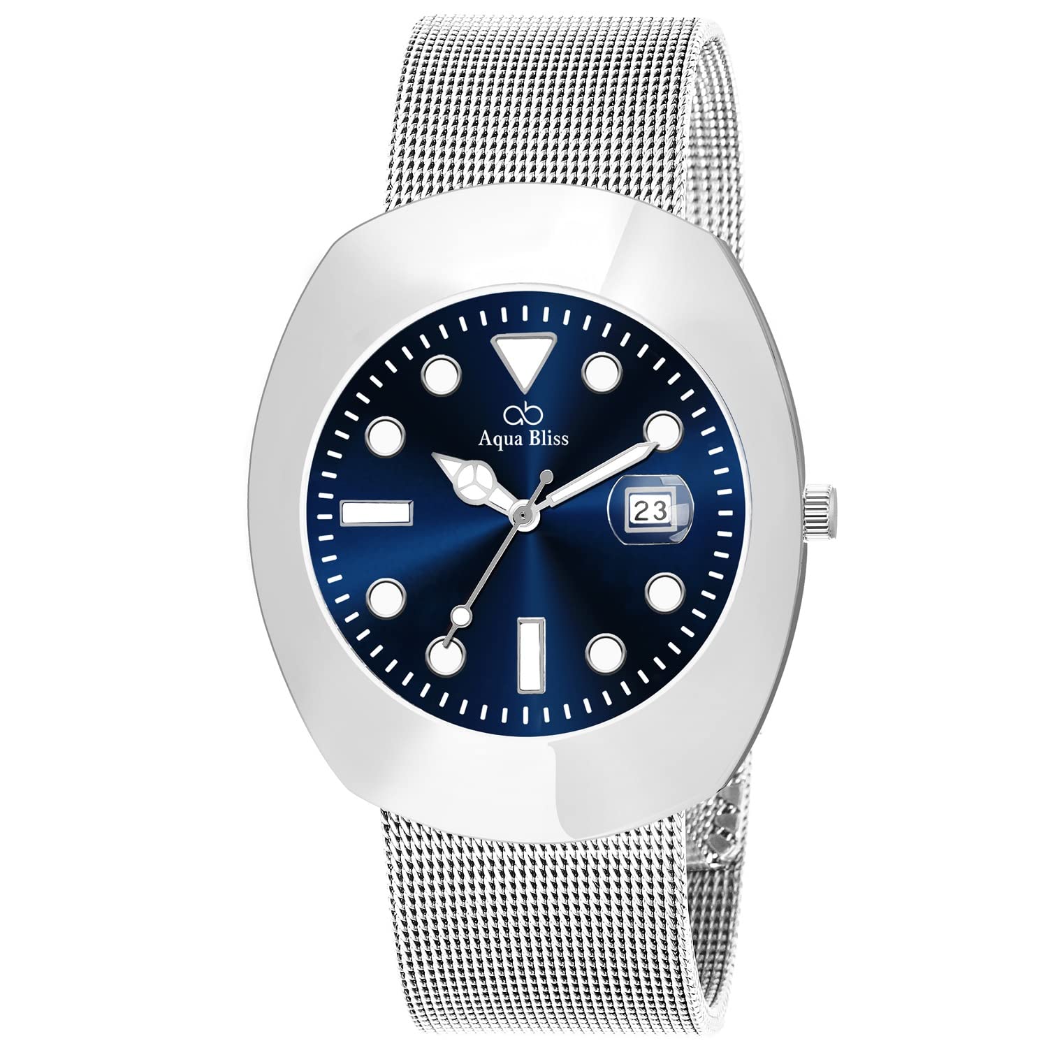 Aqua BLISS-212 Date Magnifier Glass Silver Stainless Steel Date Display Analog Mens Watch (Blue) (B0C3R6PBVC) Amazon Price History, Amazon Price Tracker