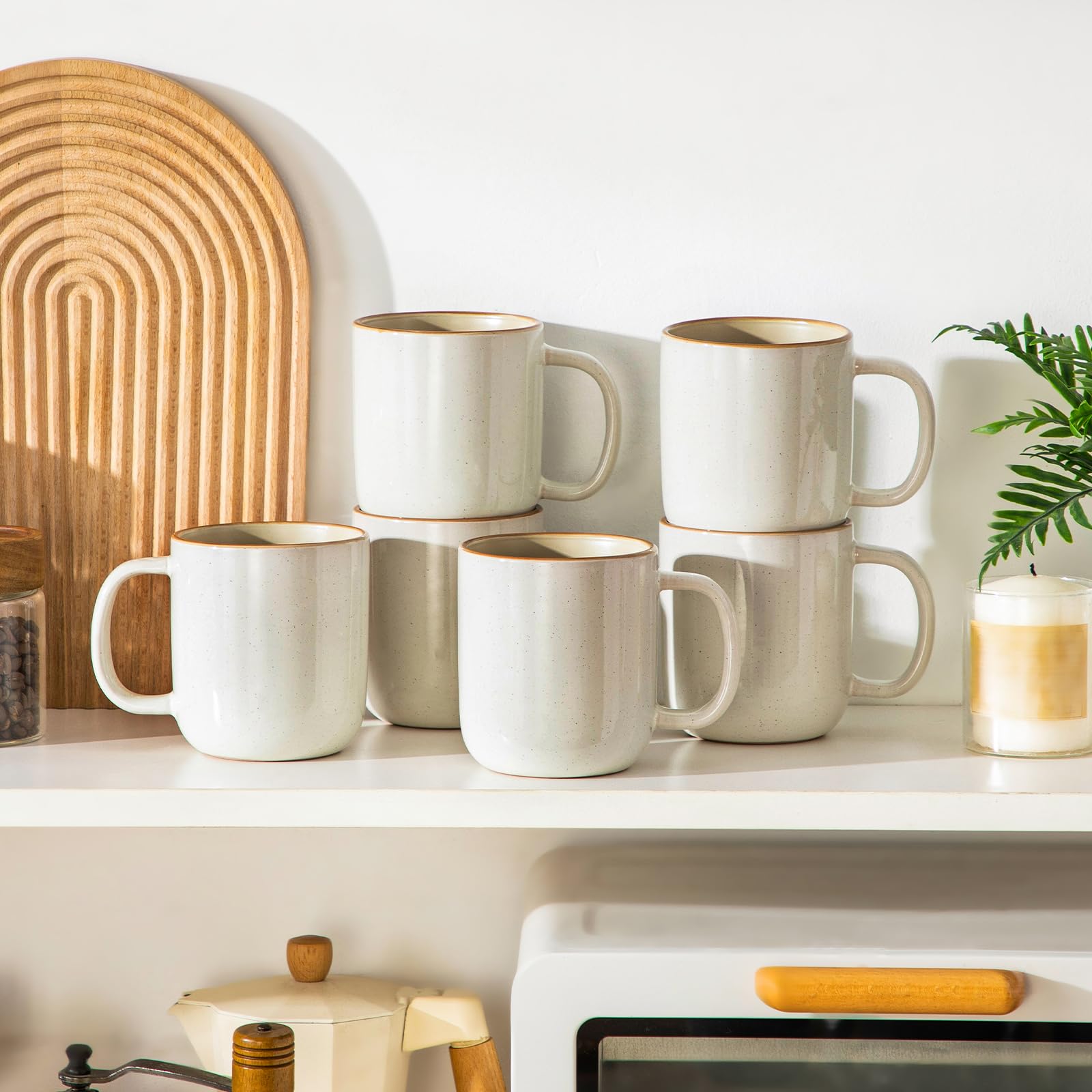 vancasso RENO - Juego de 6 Tazas de Gres Beige con Asa - 400 ml - Para Café con Leche, Té, Latte y Smoothies - Apto Lavavajillas y Microondas - Esmaltado Reactivo Claro