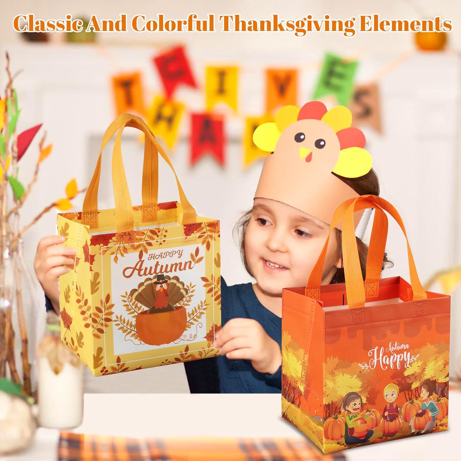 Subacy 16 PCS Thanksgiving Day Gift Bags, Thanksgiving Fall Tote Shopping Bags with Handles, Non-Woven, Autumn Leaves Pumpkin Turkey Gnome, Thanksgiving Party Favor Supplies - Image 5