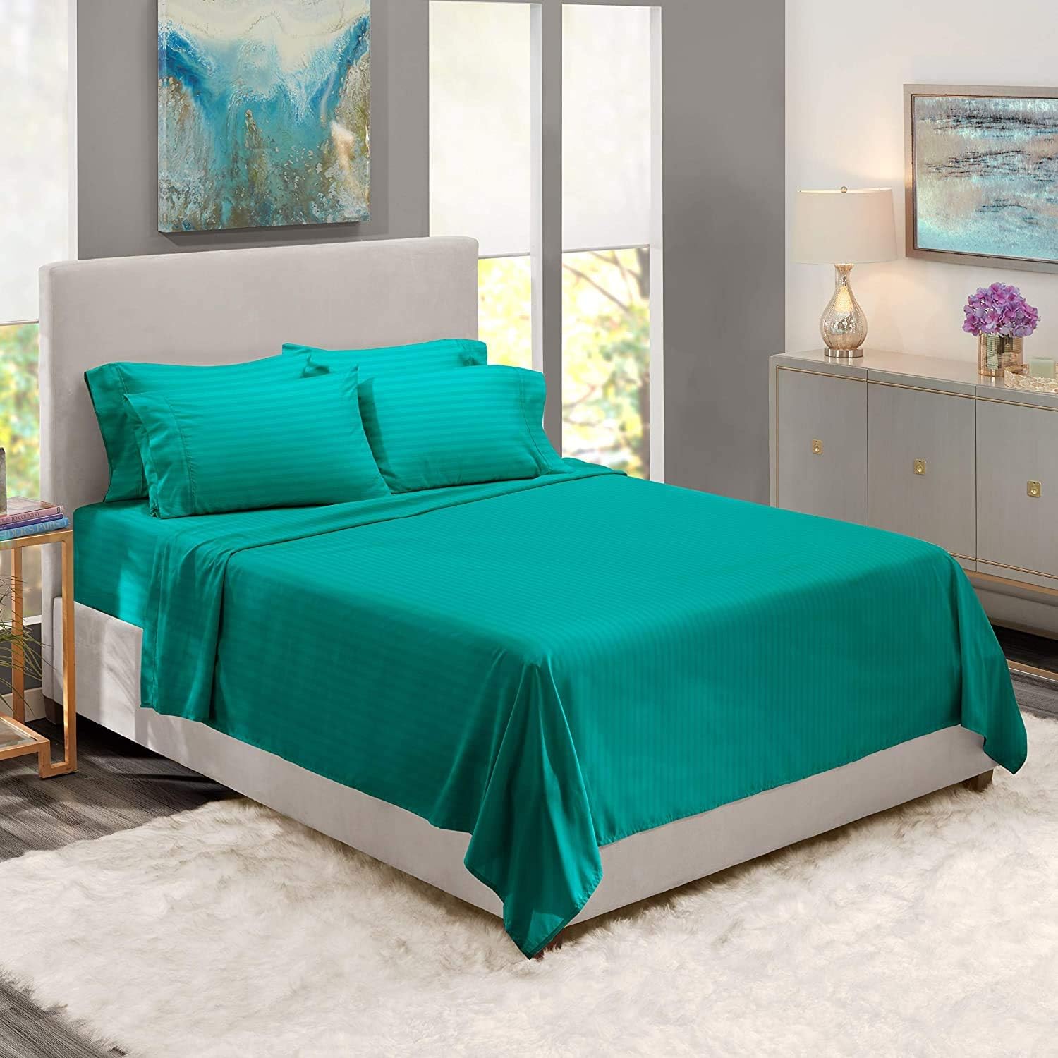 4 Piece Sheet Set Stripe Pattern - 700 TC- Twin Size- 100% Egyptian Cotton, Soft and Cozy-28''-30'' Deep Pocket- Burgundy