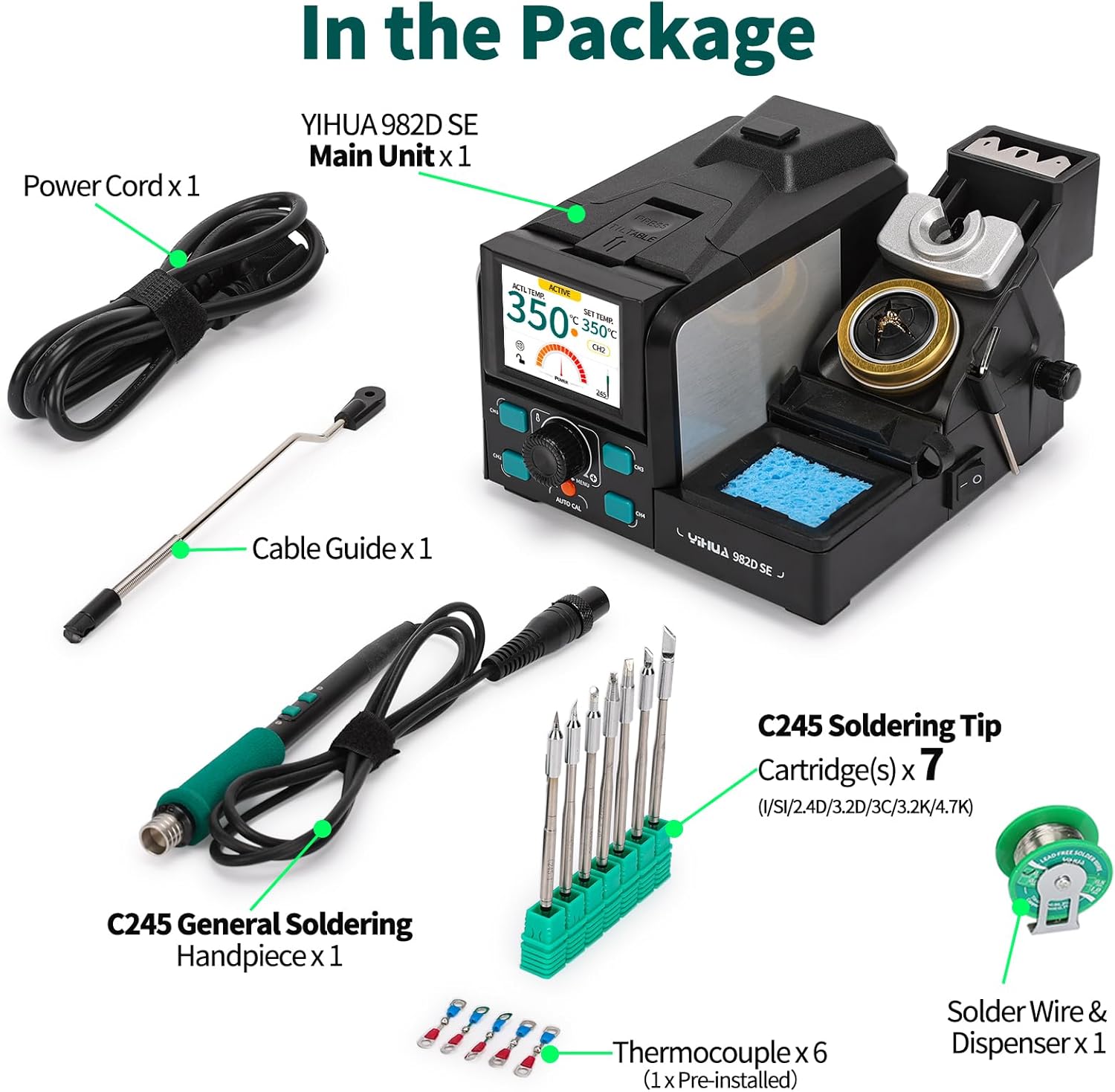 Diagram showing all components included in the YIHUA 982D SE package: main unit, power cord, cable guide, C245 handpiece, 7 C245 soldering tips, lead-free solder wire, and thermocouples.