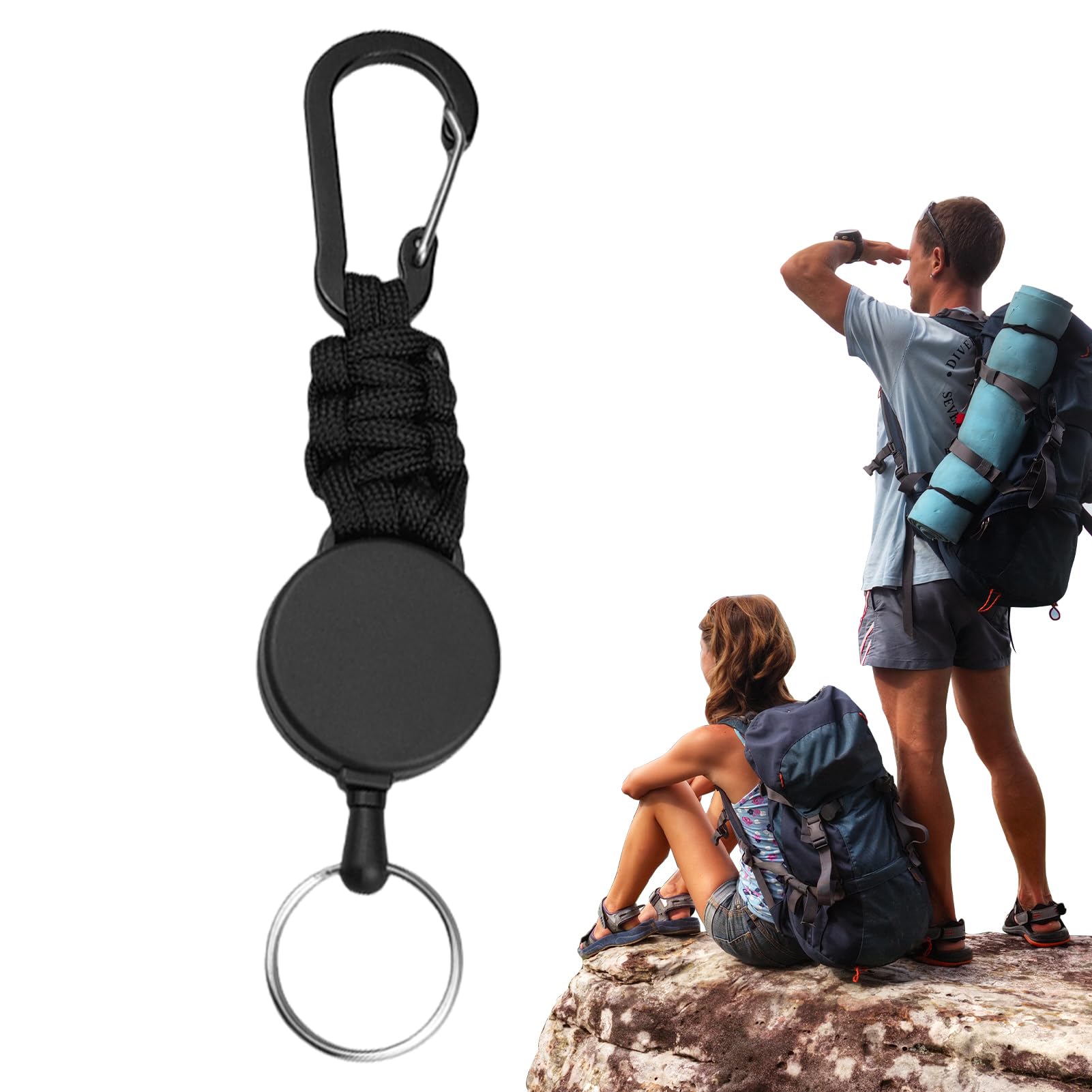 Neamou Black Heavy Duty Retractable Keychain - Carabiner Belt Clip | Extendable Keychain With Steel Wire Cord, Badge Reel Key Holder For Camping Hiking