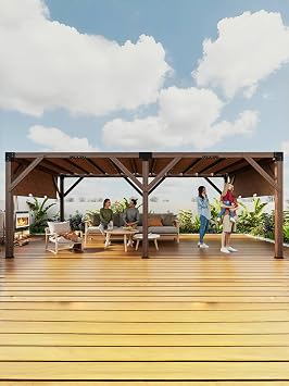 KYBOLT 12 X 20 Ft Wood Pergola with Retractable Sunshade Canopy, Solid Structure, Outdoor Pergola for Backyard, Deck, Garden (Reddish-Brown)