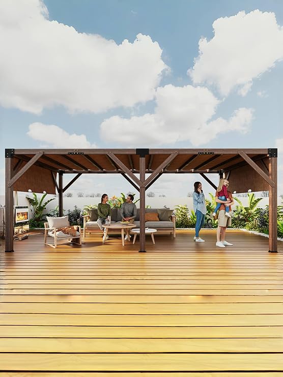 KYBOLT 12 X 20 Ft Wood Pergola with Retractable Sunshade Canopy, Solid Structure, Outdoor Pergola for Backyard, Deck, Garden (Reddish-Brown)