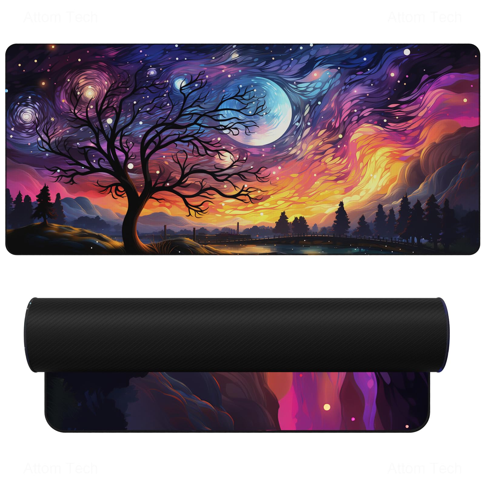 NiHome Gaming Mauspad XXL 900 x 400 mm, Groß Mauspad mit Rutschfester Gummibasis, Künstlerische Schreibtischunterlage für Laptop & PC, Verbessert Präzision und Geschwindigkeit (Sterne und Bäume)