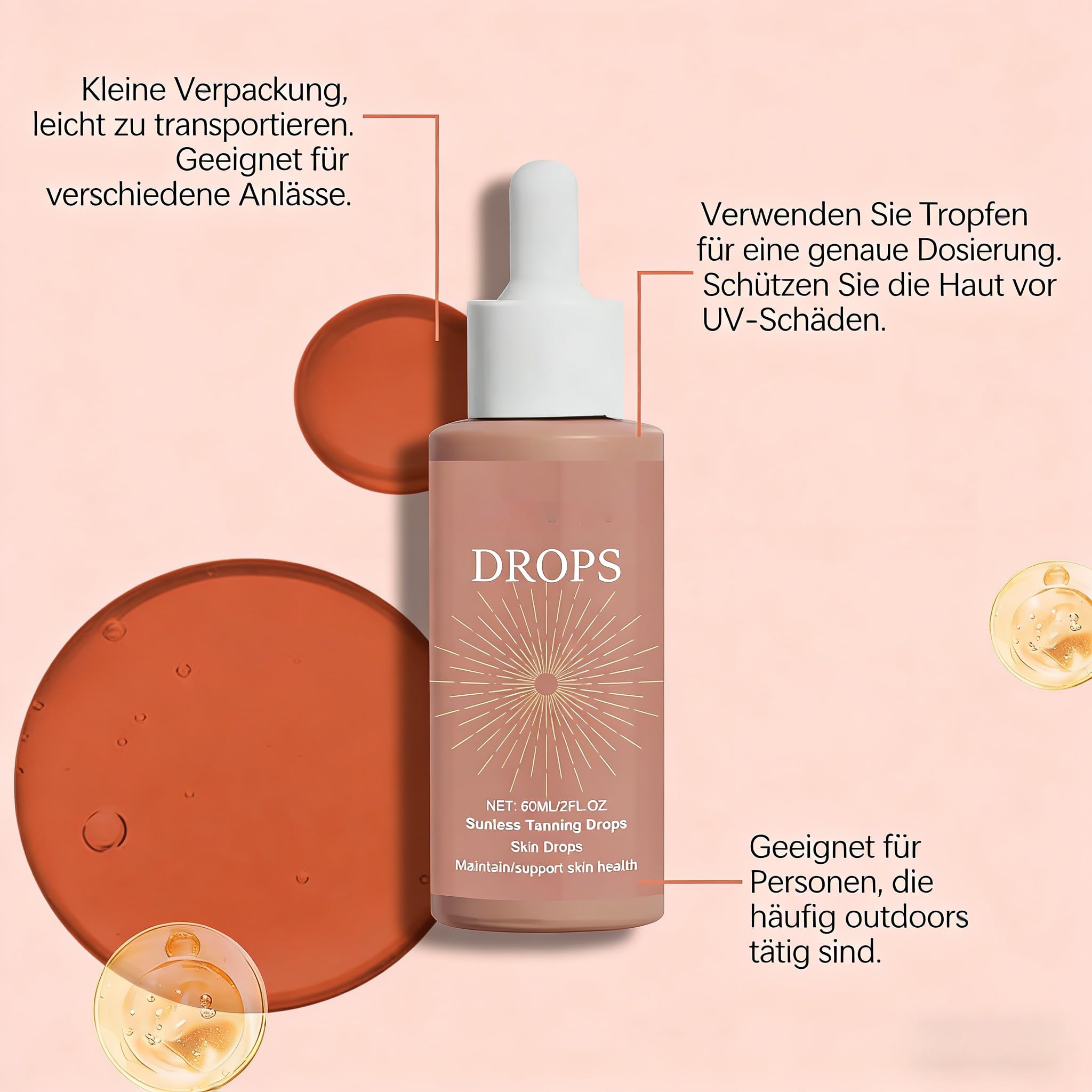 Drops Bräunungstropfen Zum Trinken - freie Drops Bräunungstropfen Zum Trinken, Streifenfreier Glanz ohne Orangestich, Pflegende Formel für alle Hauttypen, für geschmeidige und strahlende Haut