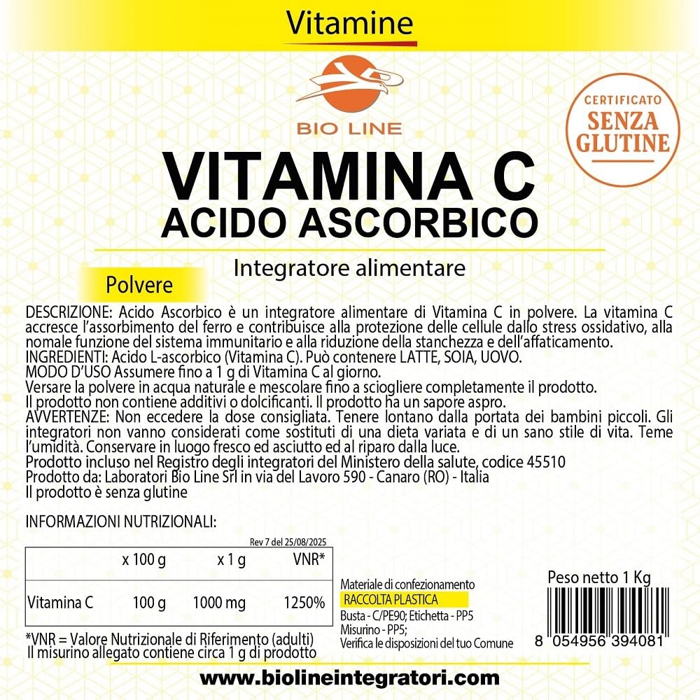 Acido Ascorbico Puro 1 kg, Vitamina C in Polvere ad Azione Antiossidante, Sostanza Pura Senza Eccipienti (1 Busta da 1 Kg) Laboratori Bioline - Qualità Italiana