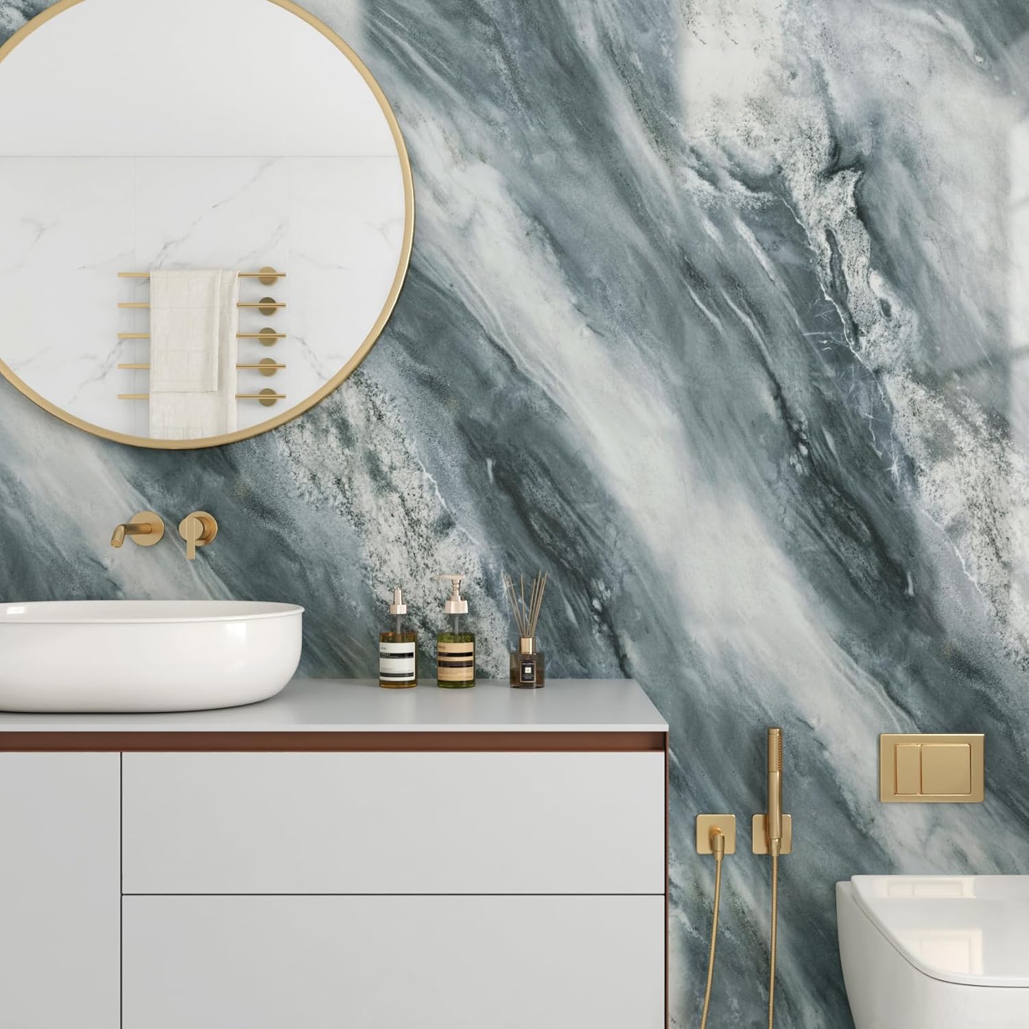 Stickyart 24"x160" Thick Grey Blue Marble Contact Paper for Countertops Peel and Stick Glossy Faux Gray Marble Wallpaper Removable Durable Granite Contact Paper Vinyl Roll for Cabinets Drawers Kitchen
