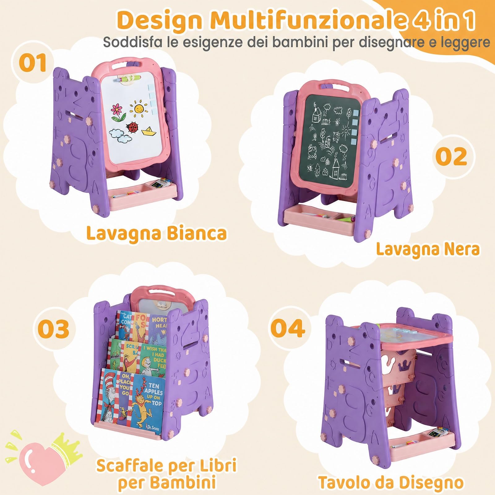 COSTWAY 3 in 1 Cavalletto per Bambini con Lavagna Bifacciale (Viola)