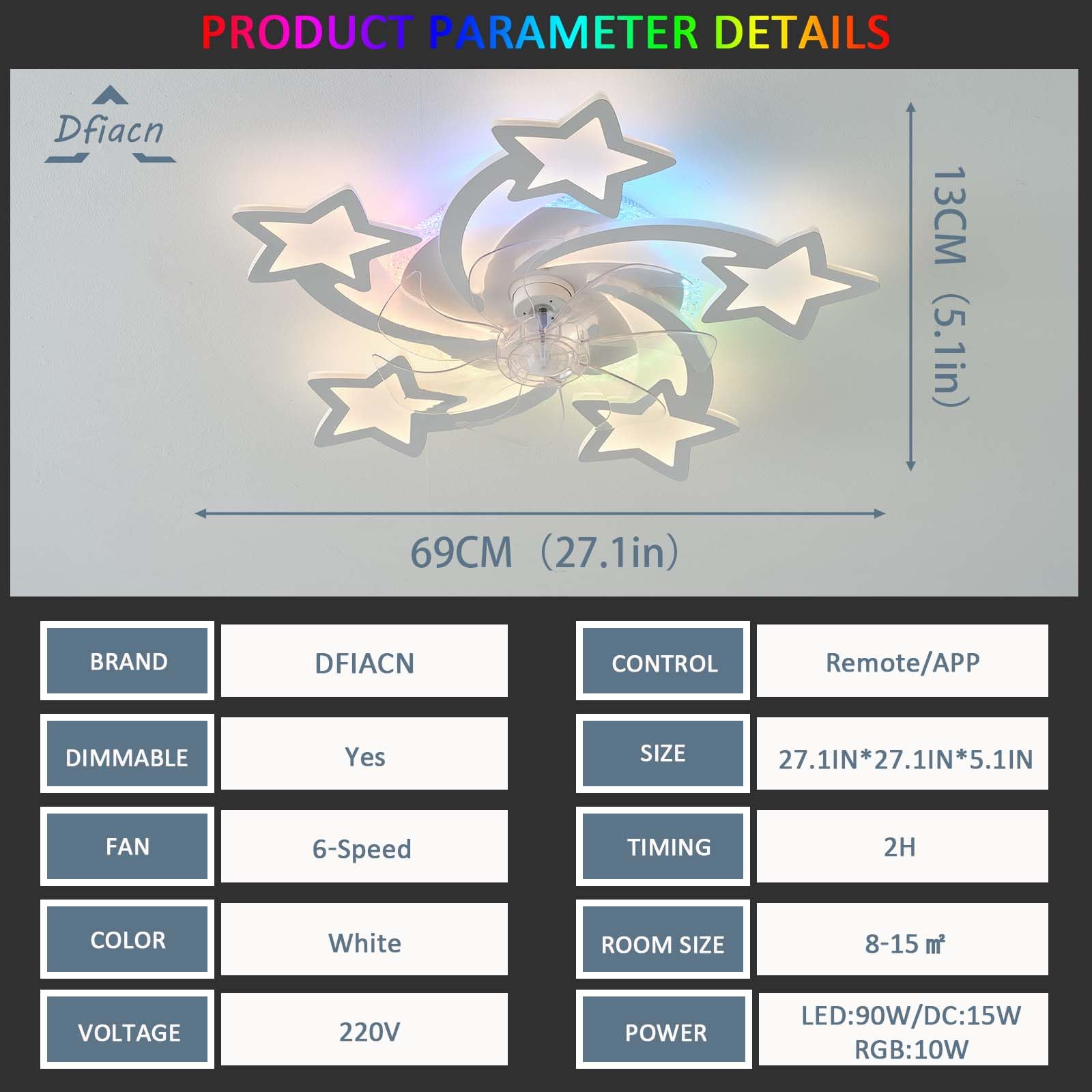 RGB Lampadario Con Ventilatore Da Soffitto Con Telecomando APP, Bambino Cameretta Lampadario Ventilatore Reversibile 6 Velocità Dimmerabile Ventola Soffitto Con Luce Memoria Silenzioso Bianco