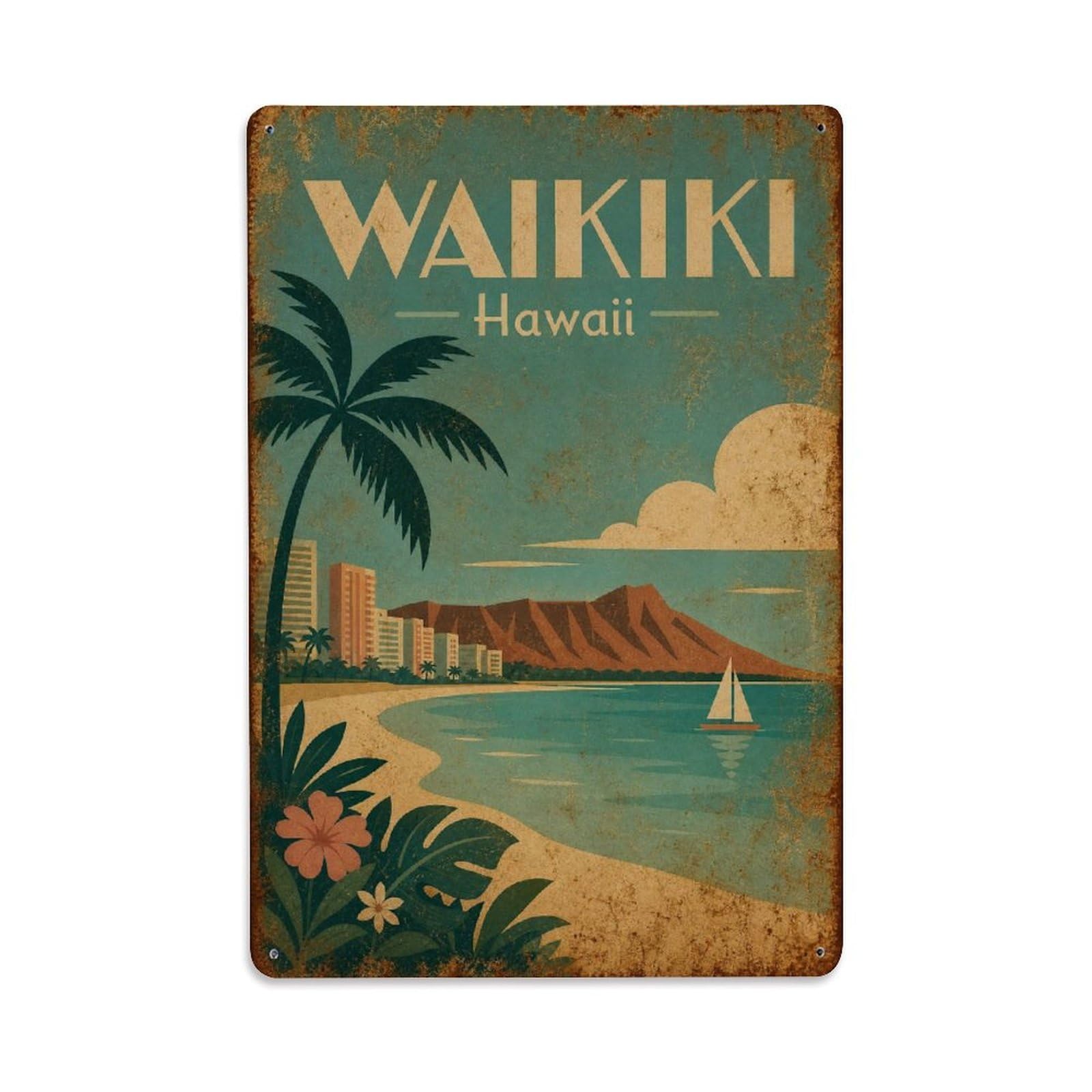Waikiki Hawaii Island Coast Lagoon Travel Retro Metal Tin Sign