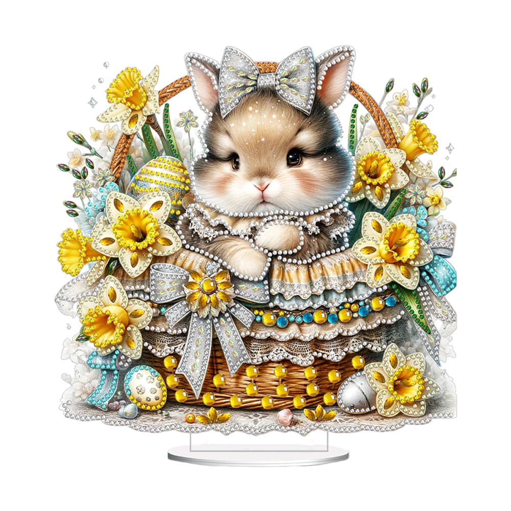 Easter Diamond Art Painting Desktop Kit with Stand, Special Shaped Diamond Art Tabletop Ornament, DIY Decor Craft Gift for Adults Beginners(Easter Basket Bunny)