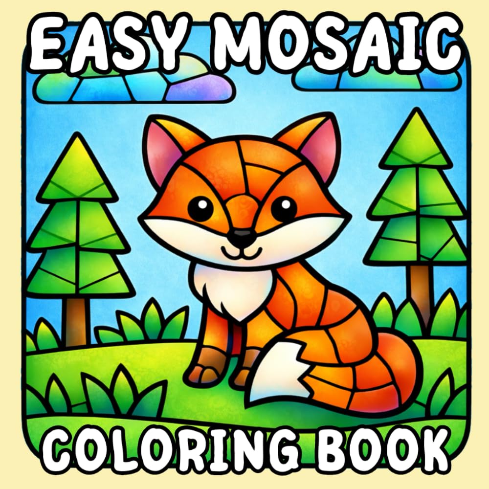 Easy Mosaic Coloring Book: 40 Simple Coloring Pages of Animals, Nature, Objects, for Stress Relief