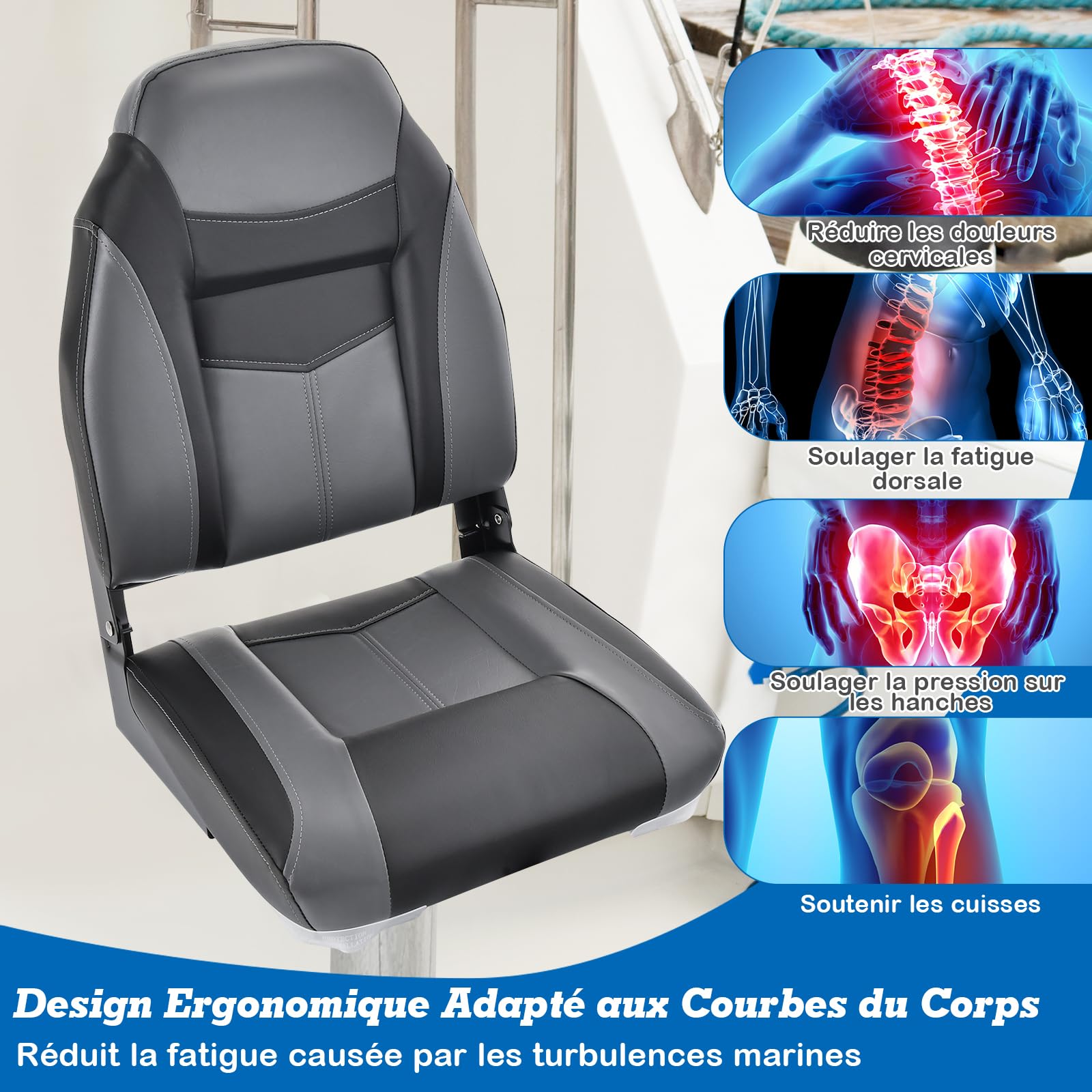 GYMAX Asiento de Barco de Respaldo Alto, Cómodo Asiento con Cojín de Espuma de Alta Densidad, Asiento de Capitán de Barco Plegable con Bisagras Flexibles, Universal (Negro, 44 x 50 x 60 cm - 1 PC)