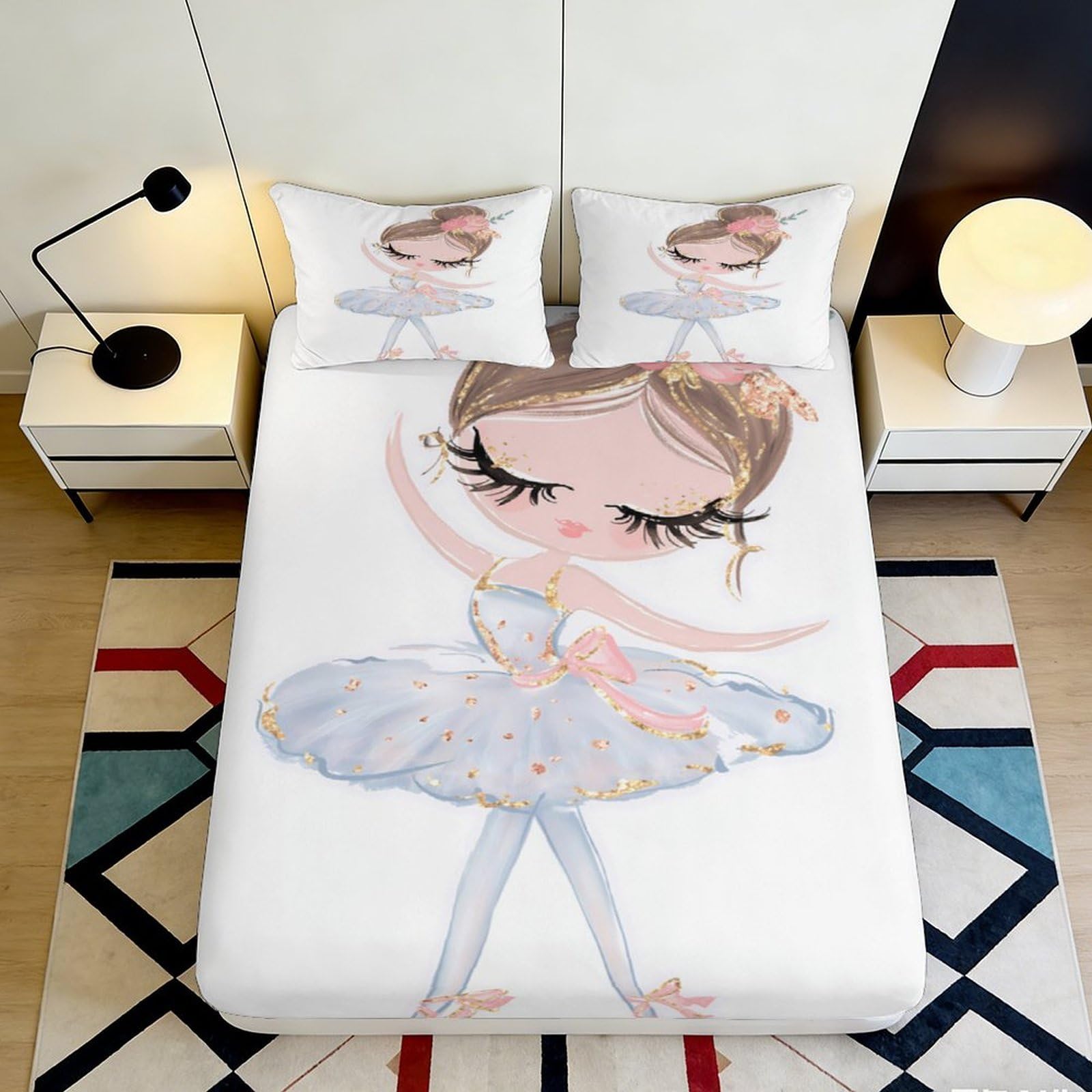 3D Printed Ballerina Girl Fitted Sheet Microfiber Pink White Ballet Bed Cover for Bedroom Guest Room Decor Protection 90x200x25cm