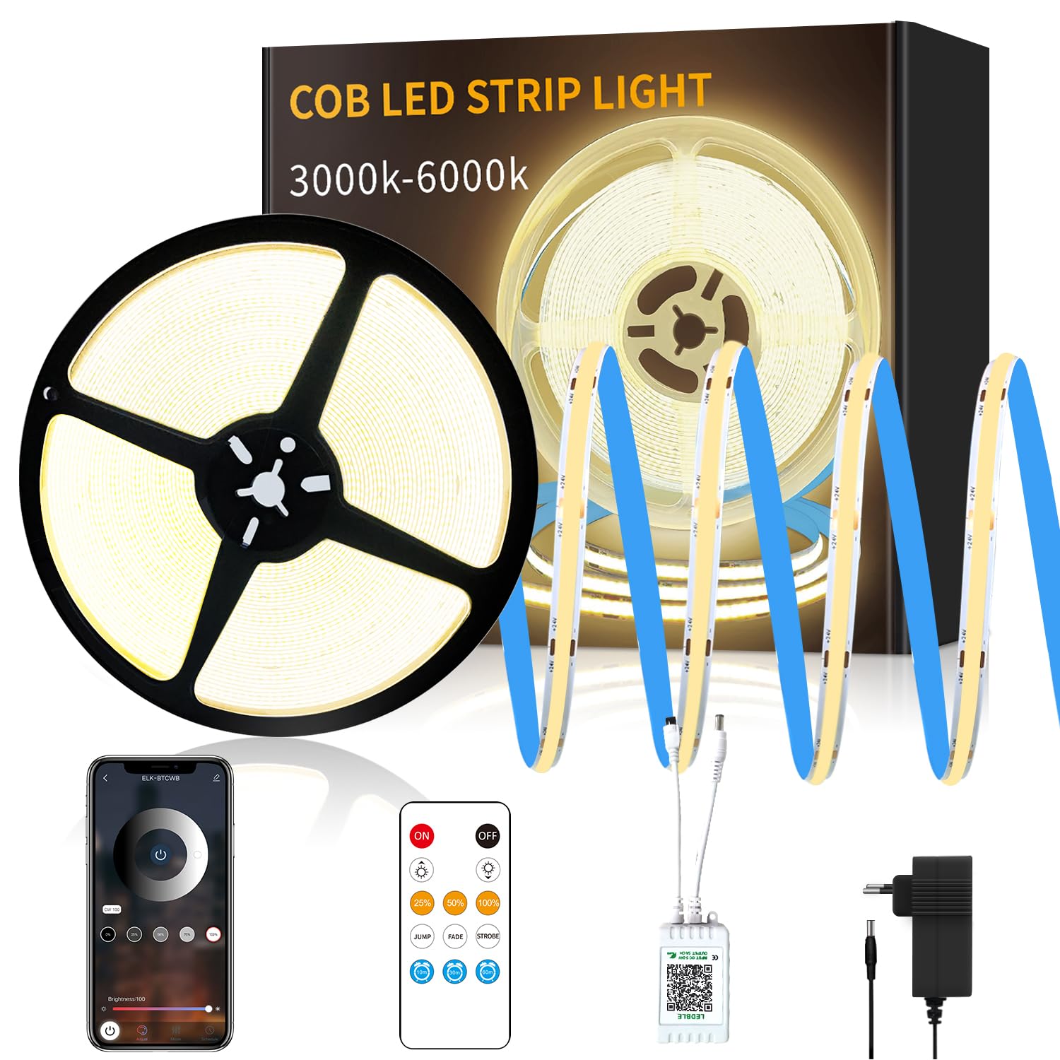 Yeewhale cob Led stripDC24V LED band,flexible Dimmbar COB LED Streifen, anwendbar auf Schlafzimmer, Raum,DIY Dekoration