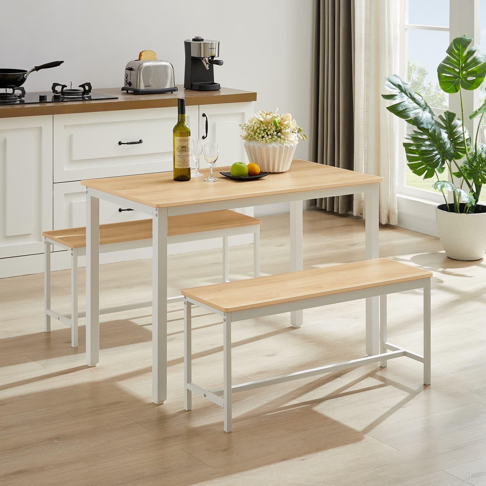 Table à Manger Moderne avec 2 Banc,Ensemble Table et Chaises 4 Personnes,Style Industriel,110x60x75cm,pour Salle à Manger Salon et Balcon (Blanc-E)