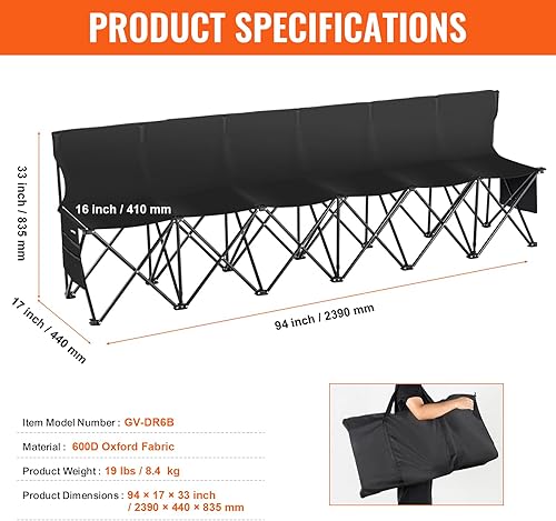 Miniatura 9 de VEVOR Banco B plegable portátil de 6 asientos, silla de banco de camping al aire libre con bolsa de transporte y respaldo, asiento de banco de