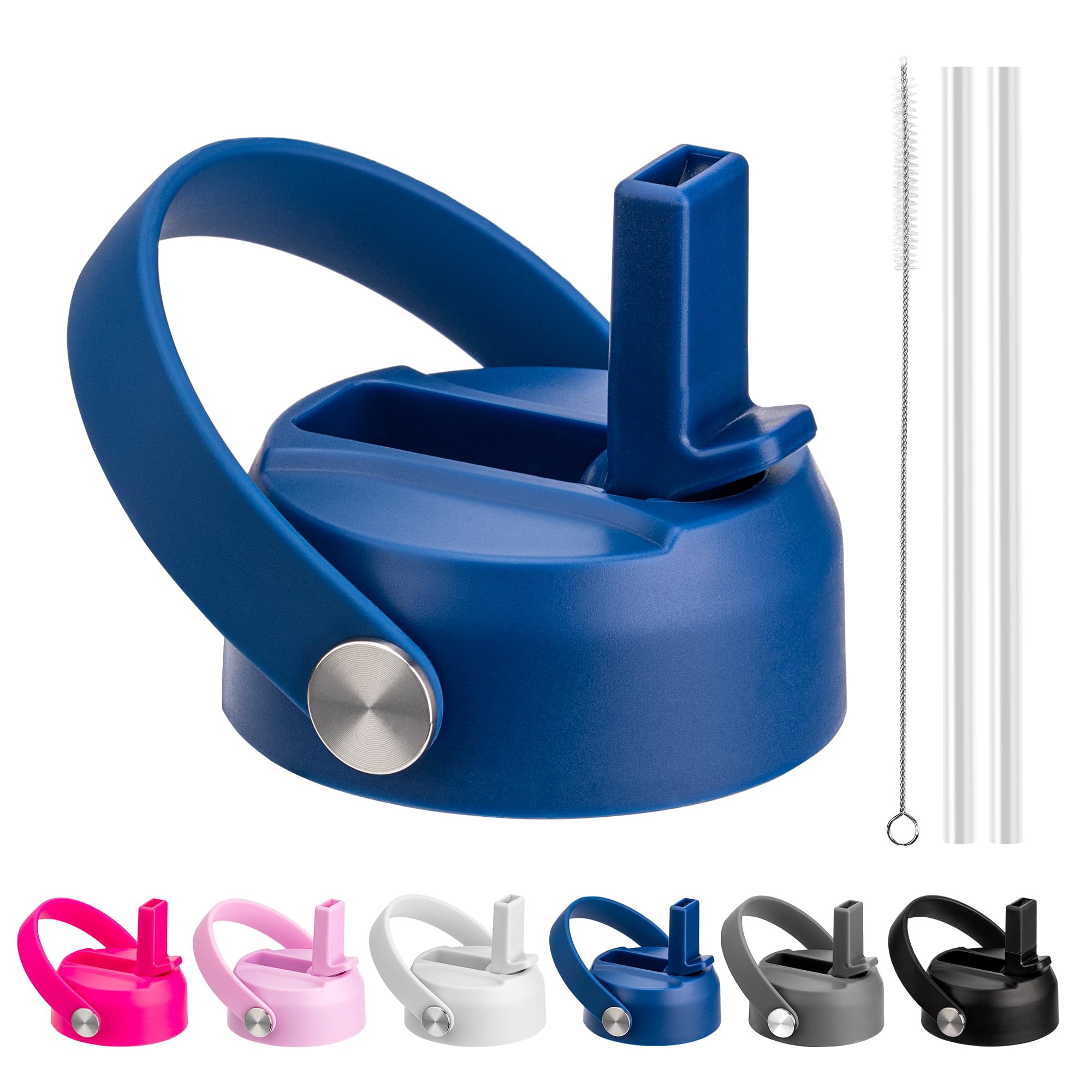 BluwingStraw Lid for Hydro Flask Wide Mouth 12 18 20 32 40 64oz Water bottle, Replacement Lid with Flexible Handle and Straw Compatible with Hydroflask Wide Mouth(Blue)