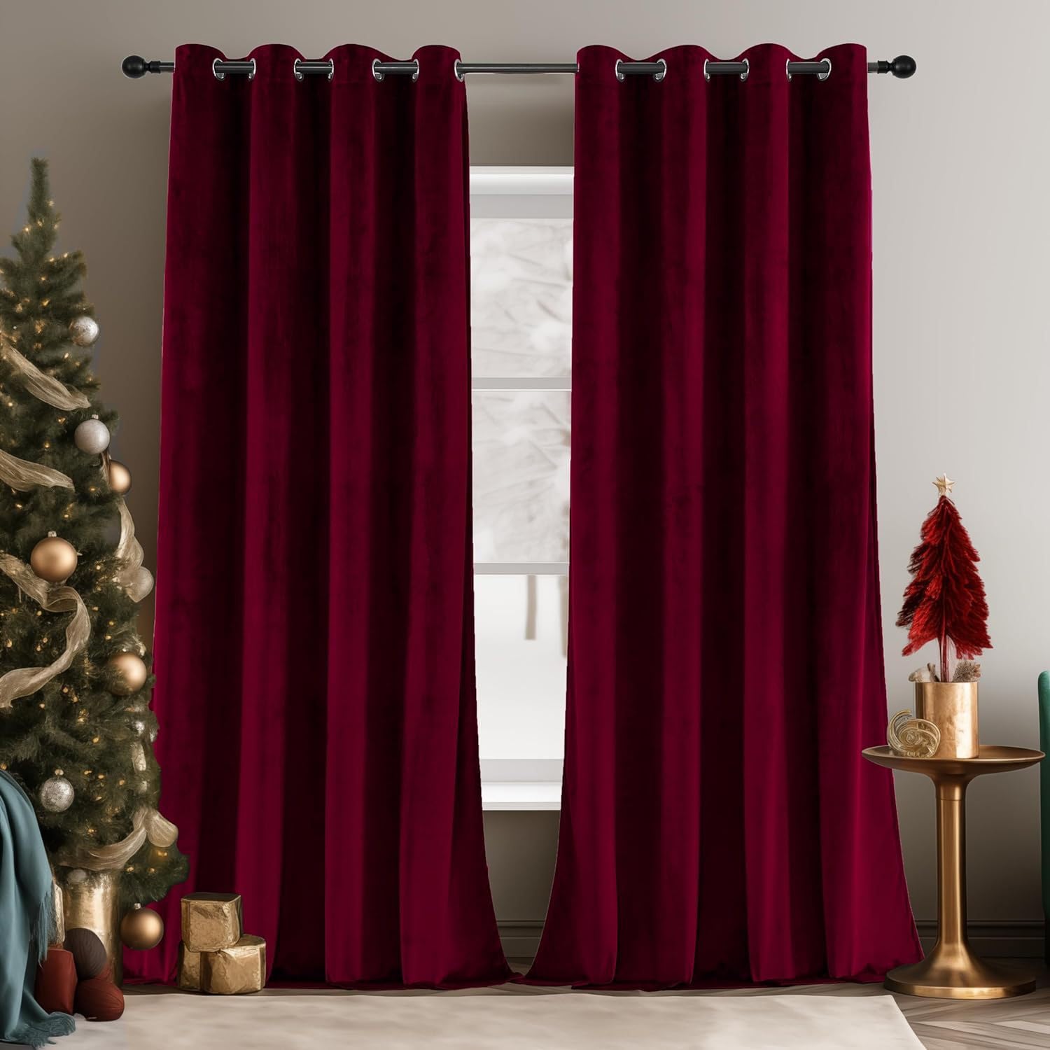 HANGEENGS Velvet Blackout Curtains For Bedroom,Super Soft Window Treatment Thermal Insulated Grommet Blackout Drape 2 Panels Soundproof Velvet Draperies,Dark Red,84x84 in(WxL)