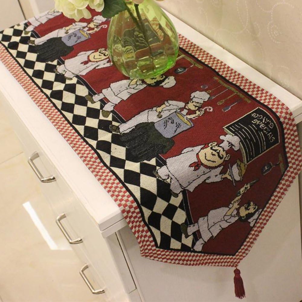 KEPSWET Cotton Linen Chef Table Runner with Tassels 13 x 72 Inch Red Washable Table Runner for Dining Table Decorative