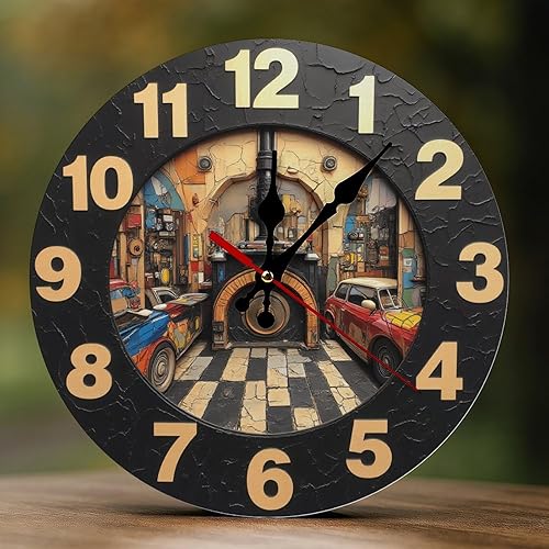 Novastar Decorative Wall Clocks Battery Operated 10 Inch - Modern Wooden Retro Colorful Garage 2D Print Non Ticking Silent Wall Clocks for Living
