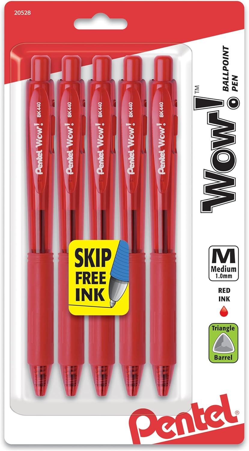 Pentel Wow! Retractable Ballpoint Pen, (1.0mm), Medium Line, Red Ink, Pack of 5 (BK440BP5B)