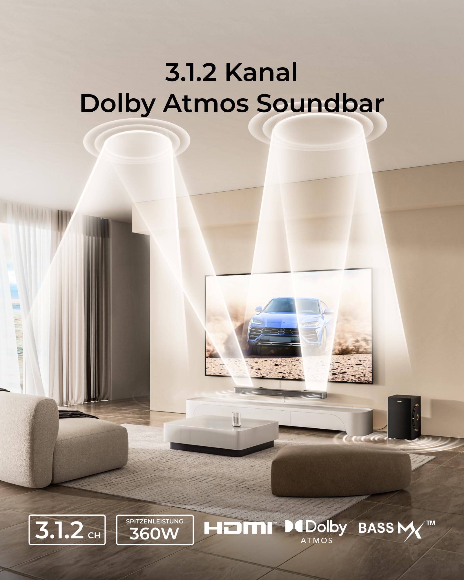 ULTIMEA Skywave F30 Boom 3.1.2 Soundbar für TV Geräte mit Dolby Atmos | 6,5" Subwoofer, Up-Firing Lautsprecher für Echten 3D-Klang, 360W Spitzenleistung, App, VoiceMX, BassMX, Bluetooth® 5.4, HDMI