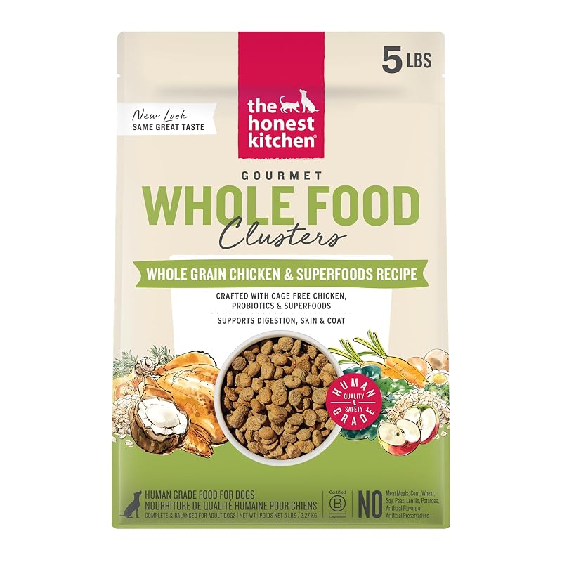 Ração seca para cães The Honest Kitchen Whole Grain Chicken & Superfoods com frango e aveia, clusters de alimentos integrais, pacote com 2,27 kg