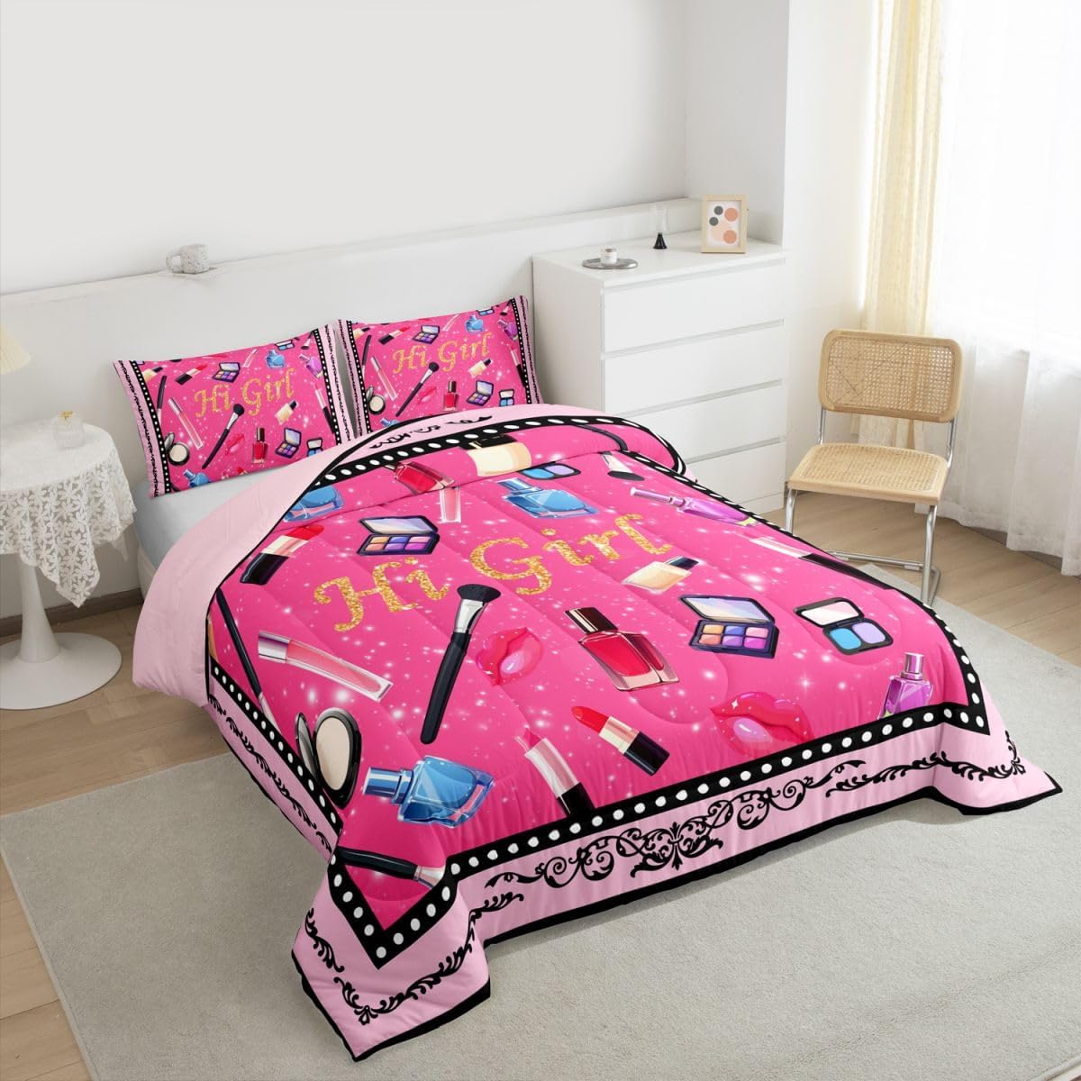 Castle Fairy Girls Women Cosmetic Comforter Full for Girls Women,Fashion Girl Lipstick Lip Quilt Comforter with 2 Pillowcases,Makeup Lipstick Diva Pink Print Bedding Set for Bedroom Living Room