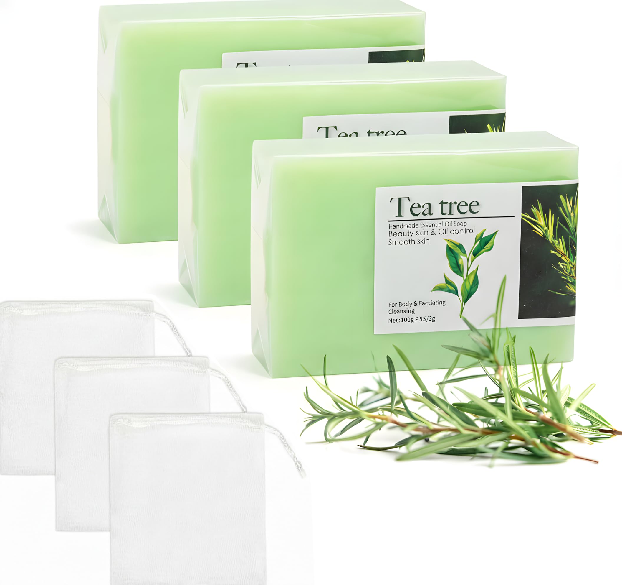 3 Tea Tree Soap Lets with Foaming Nets - Natural Tea Tree Oil Soap for Cleansing Face, Body & Hands with Refreshing Scent [Amazon-developed Certification] Compact by Design