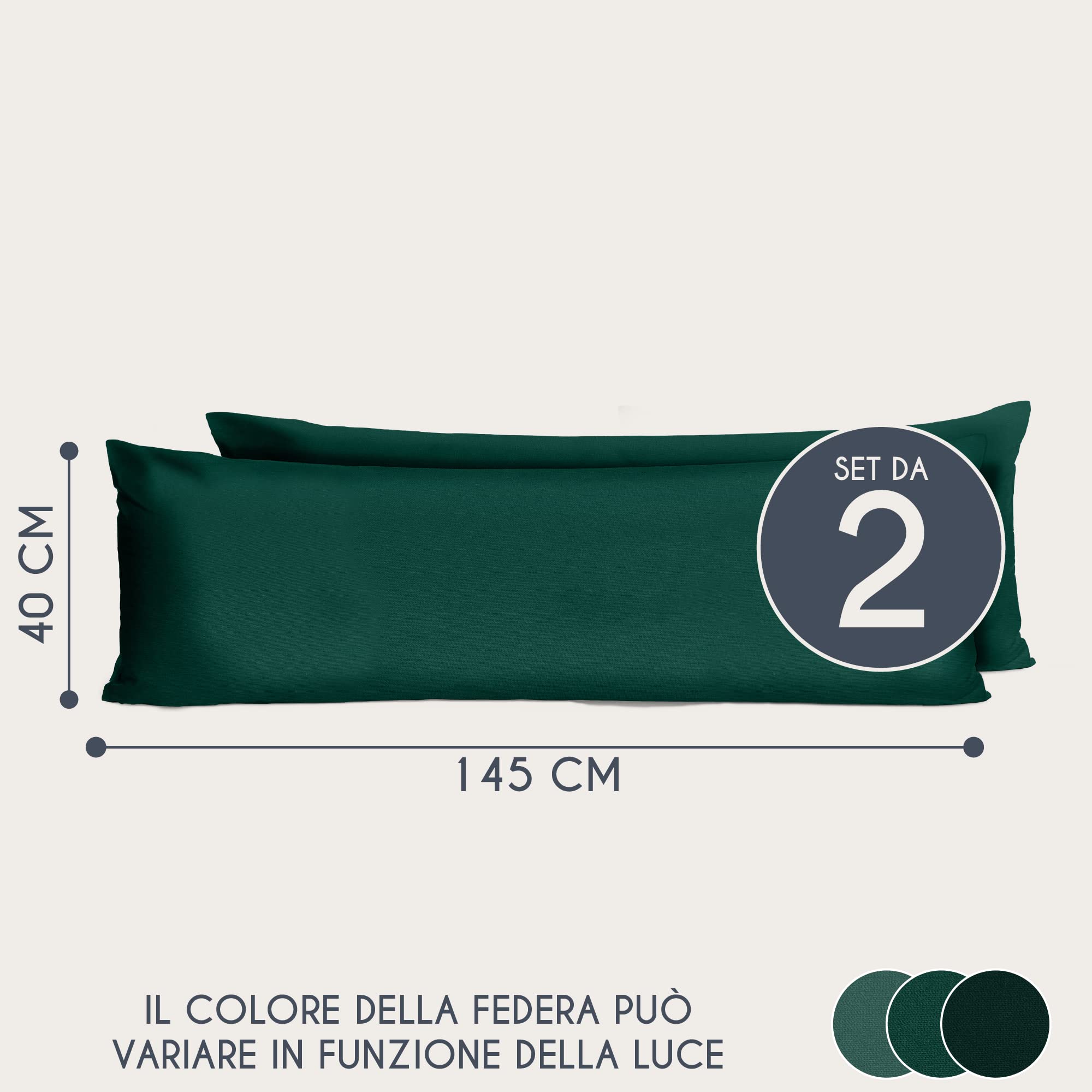 Federe 40x145 Cotone Rinforzato (Set da 2) - Verde - Trama Fitta a 57 Fili/cm² - Federe Cuscini 40x145 cm - Federe Cuscino 40x145 Certificate Oeko Tex - Dreamzie