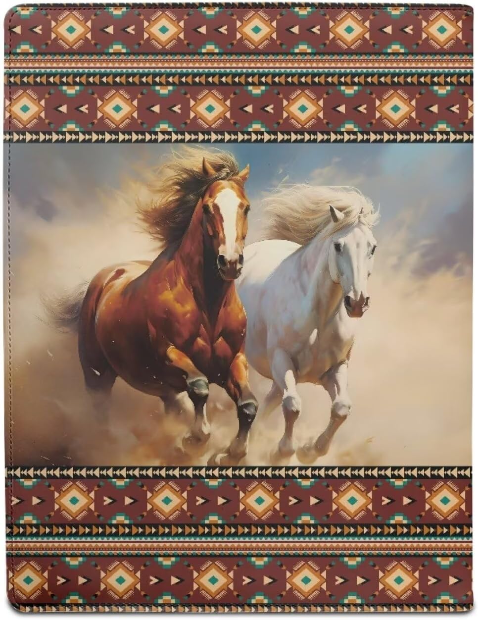 COEQINE Leather Office Folder Storage Organzier with Horse, Aztec Style Print Padfoilos Cover PU Stain Resistant Business Card Pocket
