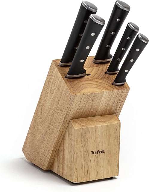 TEFAL Ice Force K232S574, Zestaw 5 noży w drewnianym bloku, Wyjątkowa trwałość i skuteczność, Nóż szefa kuchni 20cm, Nóż do chleba 20cm, Nóż Santoku 18cm, Nóż uniwersalny 11cm,