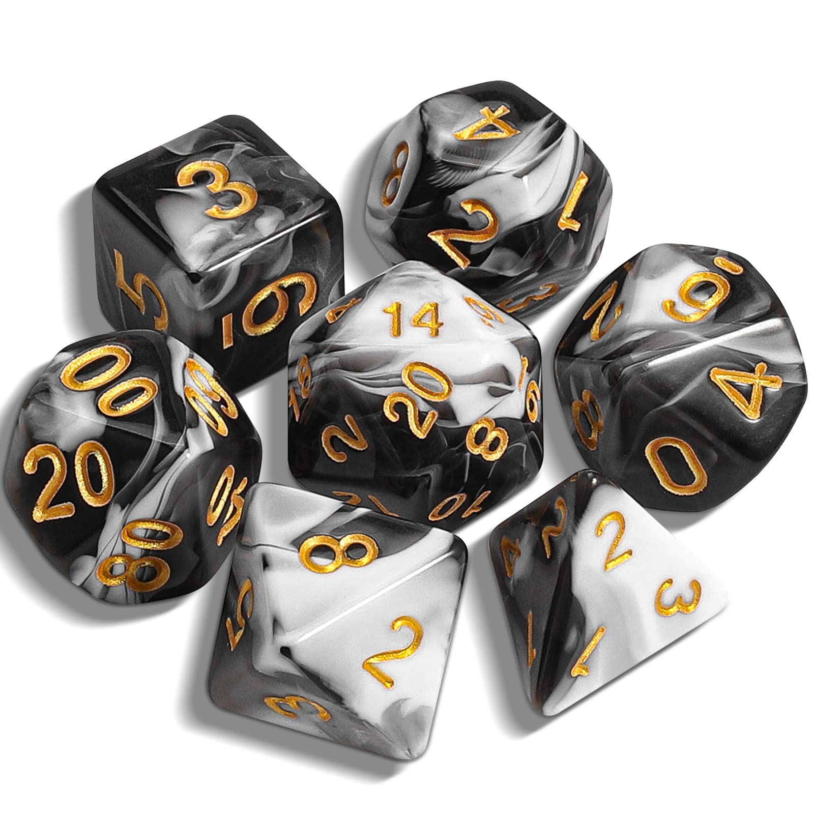 QMAY Set di dadi poliedrici DND – 7 pezzi per Dungeon and Dragons MTG RPG D&D D20, D12, D10, D%, D8, D6, D4 (bianco e nero)
