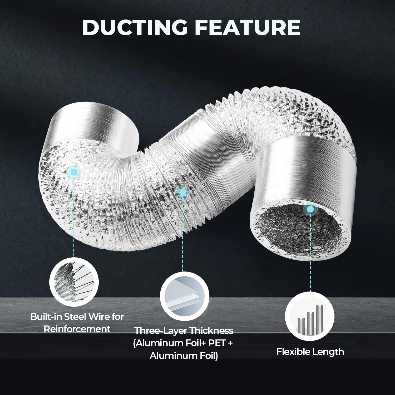 Simple Deluxe 6 Inch 25 Feet Ducting, Non-Insulated Flex Air Aluminum Foil Duct for Dryer Vent Hose, Heating, Cooling, Ventilation, Exhaust, 2 Clamps Included, Silver