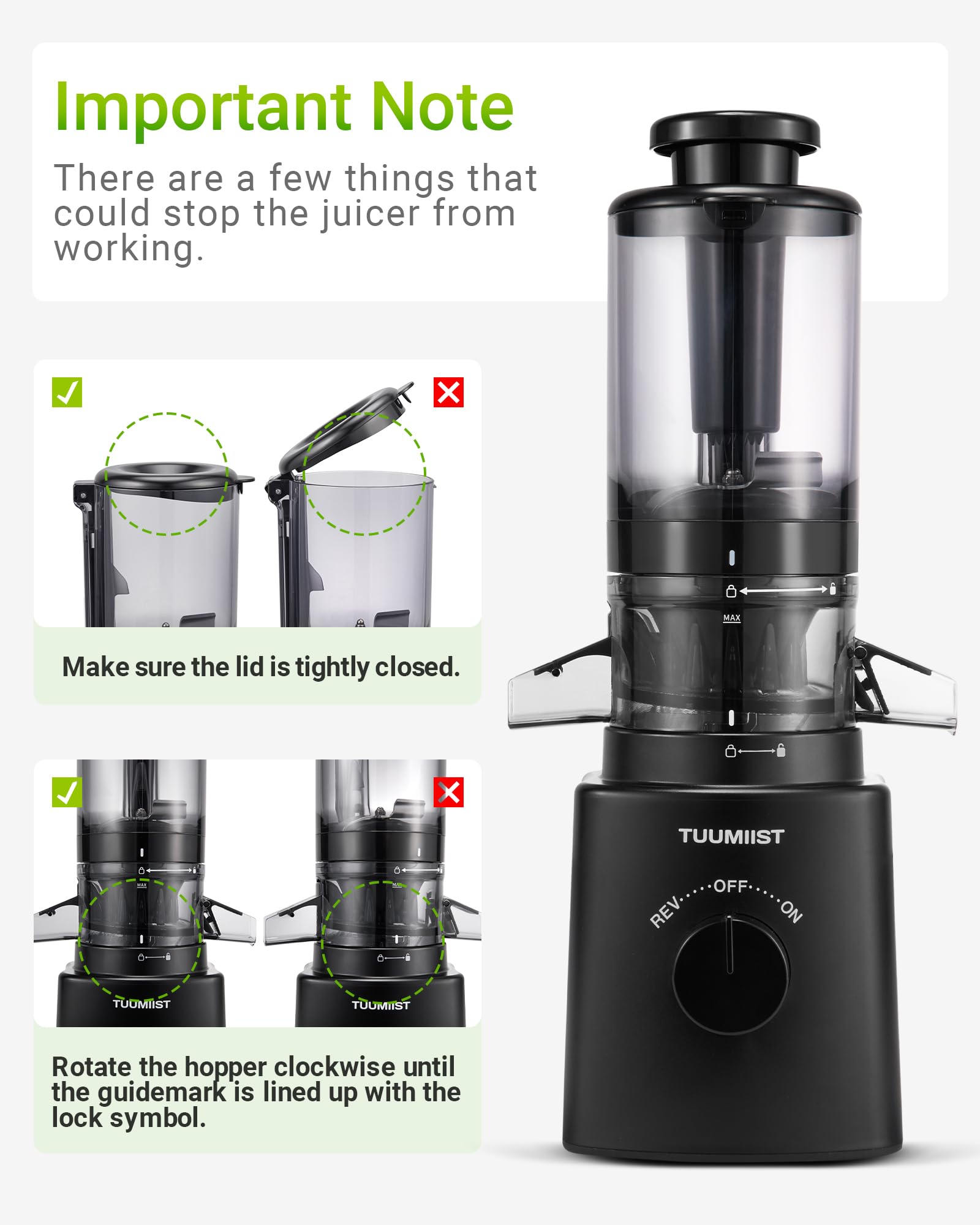 TUUMIIST Slow Juicer Entsafter mit Extra Großem Einfüllschacht 120mm, Saftpresse BPA-Frei Glanzschwarz