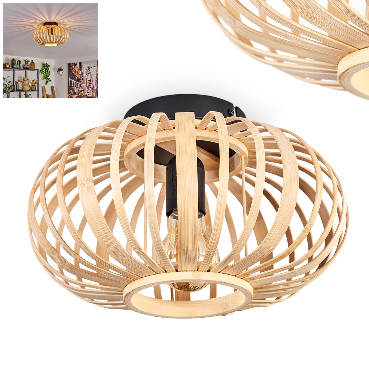 Oravi Ceiling Lamp, Black Metal Lamp Lampshade In Natural Wood - View #10