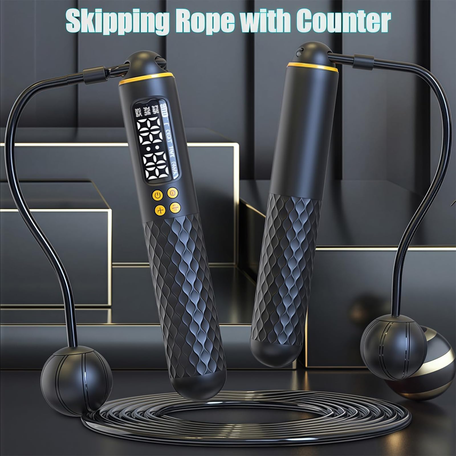 Cuerda de saltar inteligente con contador, cuerda de fitness pesada con pantalla LCD, cable de acero ajustable para entrenamiento en interiores y exteriores, dispositivo de entrenamiento de