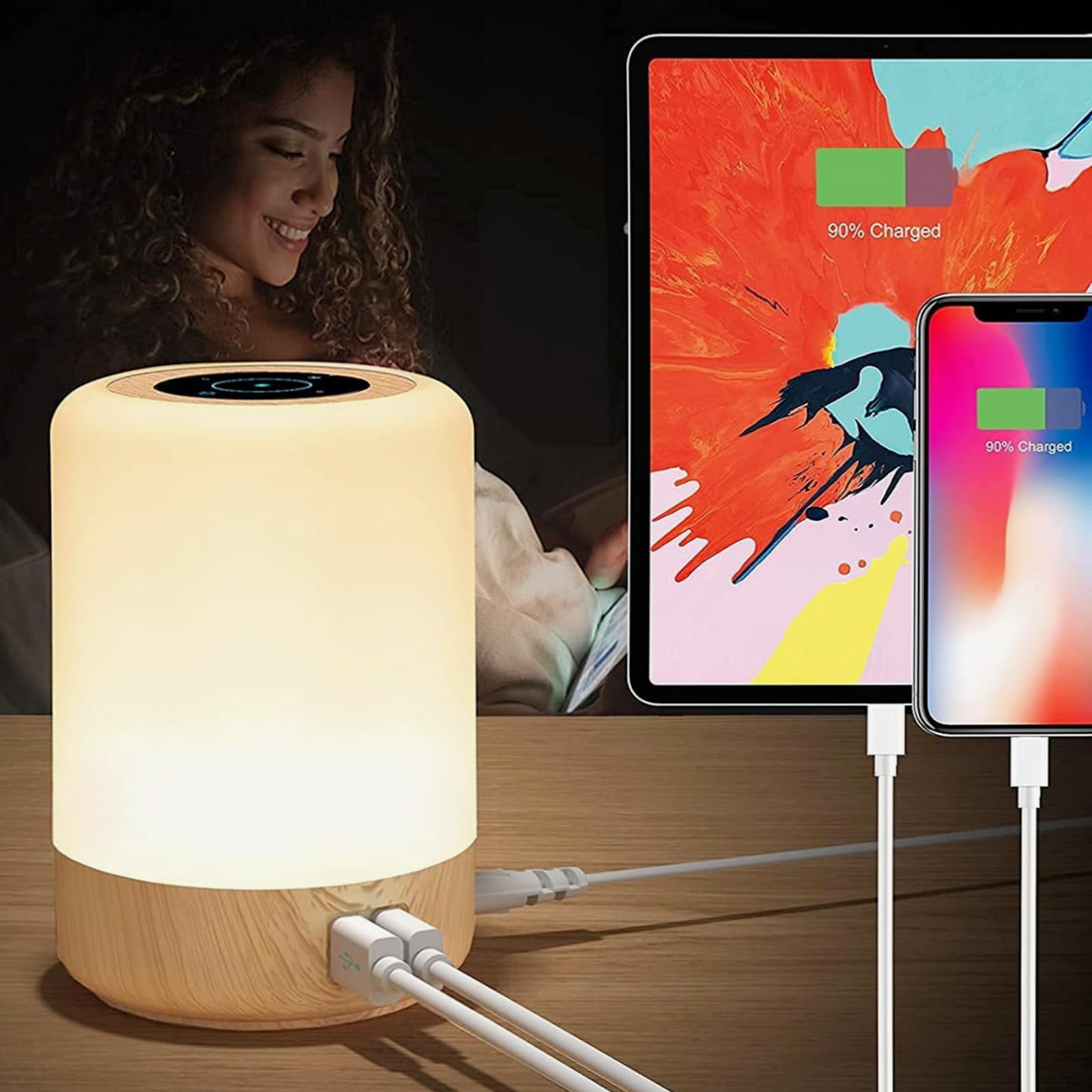 Taipow Lampada da Comodino Led, Abat Jour da Comodino, 8 Colori/10 Luminosità livello, Controllo Tattile, Dimmerabile, 4 Porte di Ricarica USB-A per Soggiorno Ufficio Camera da Letto (spina UE)